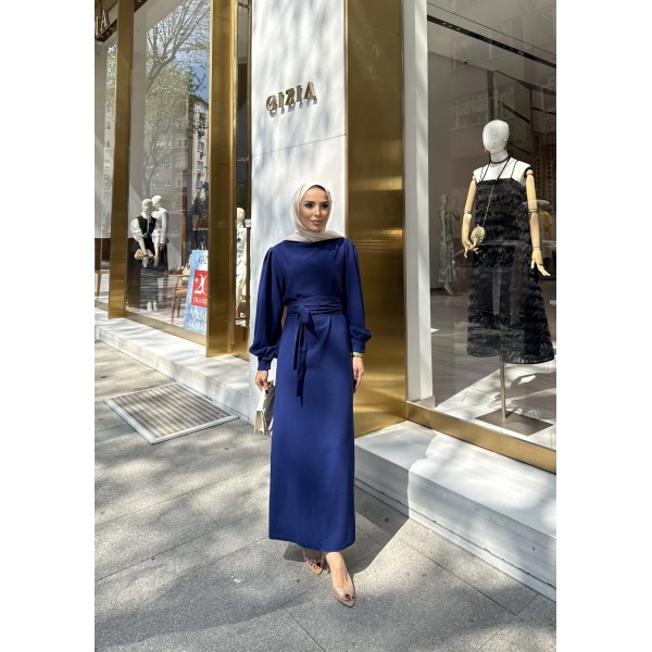 Balon Kol Krep Elbise - Lacivert