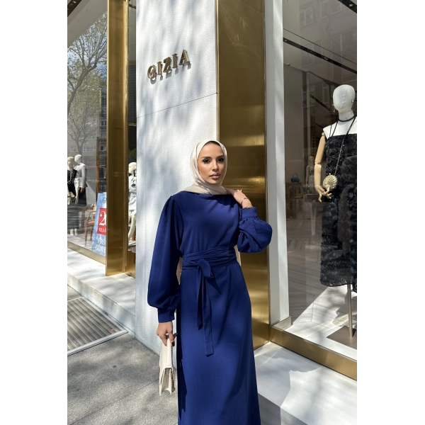 Balon Kol Krep Elbise - Lacivert