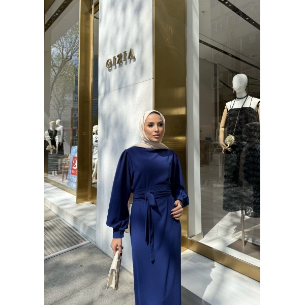 Balon Kol Krep Elbise - Lacivert