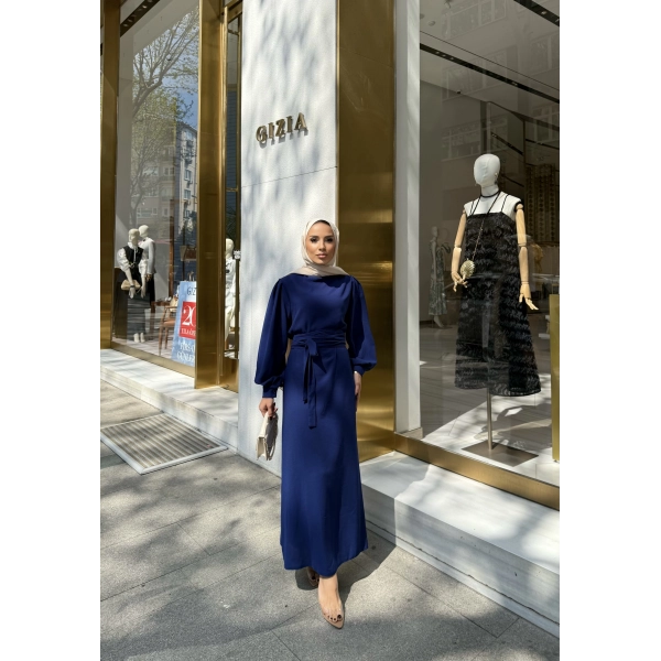 Balon Kol Krep Elbise - Lacivert