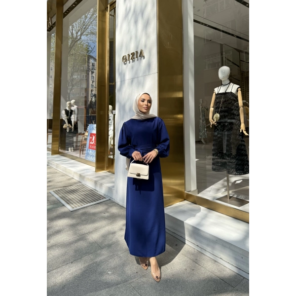 Balon Kol Krep Elbise - Lacivert