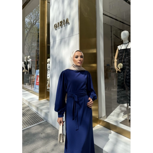 Balon Kol Krep Elbise - Lacivert