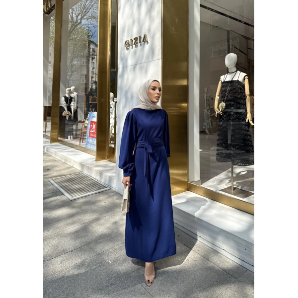 Balon Kol Krep Elbise - Lacivert