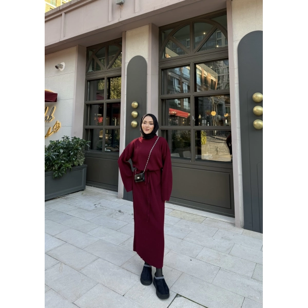 Balon Kol Triko Elbise - Bordo