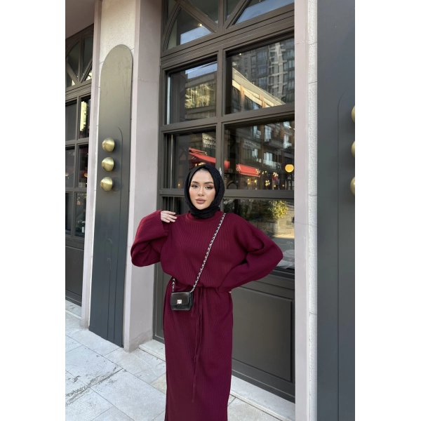 Balon Kol Triko Elbise - Bordo