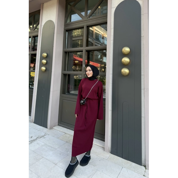 Balon Kol Triko Elbise - Bordo