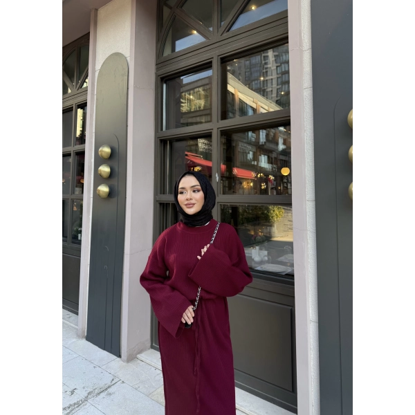 Balon Kol Triko Elbise - Bordo