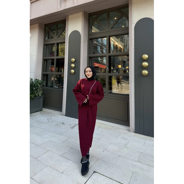 Balon Kol Triko Elbise - Bordo
