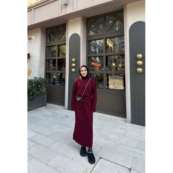Balon Kol Triko Elbise - Bordo