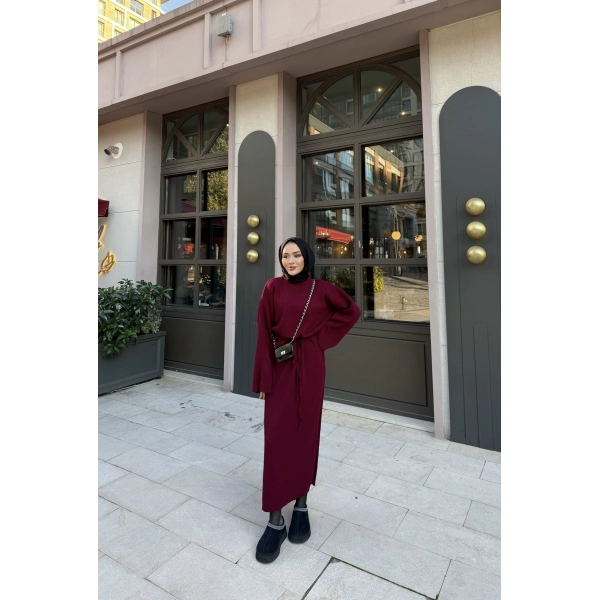 Balon Kol Triko Elbise - Bordo