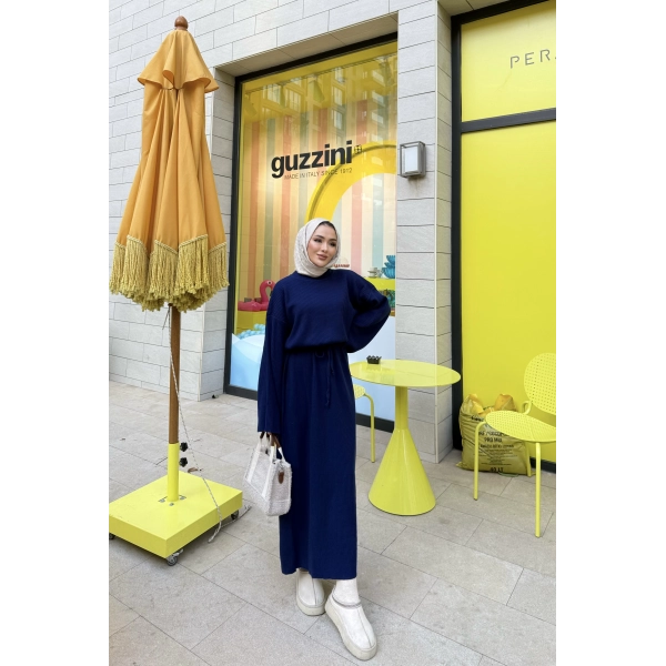 Balon Kol Triko Elbise - Lacivert