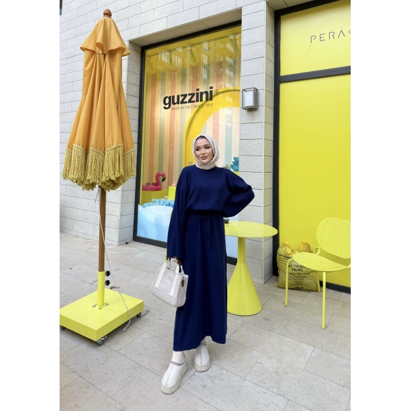 Balon Kol Triko Elbise - Lacivert