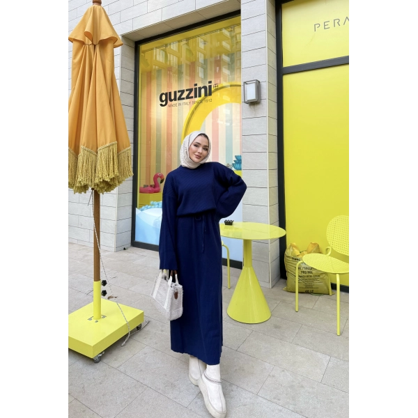 Balon Kol Triko Elbise - Lacivert