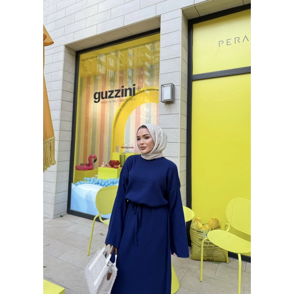 Balon Kol Triko Elbise - Lacivert