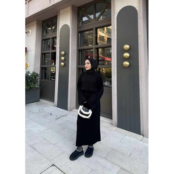 Balon Kol Triko Elbise - Siyah