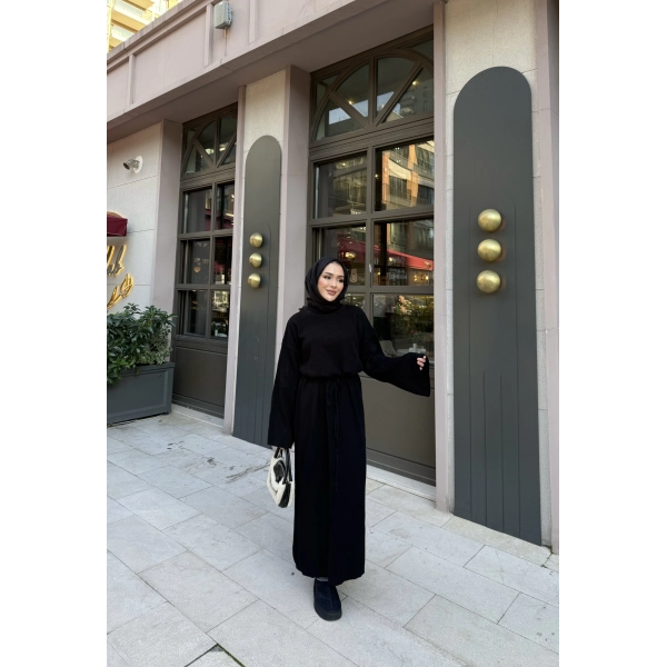 Balon Kol Triko Elbise - Siyah