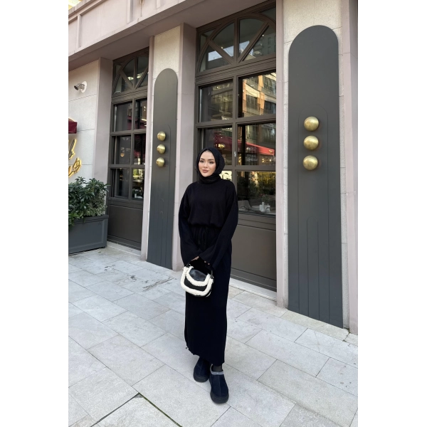 Balon Kol Triko Elbise - Siyah