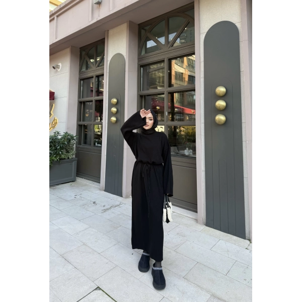 Balon Kol Triko Elbise - Siyah