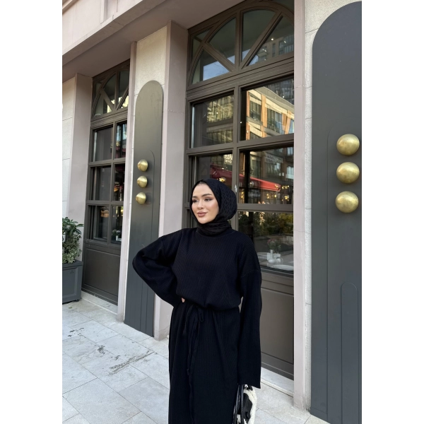 Balon Kol Triko Elbise - Siyah