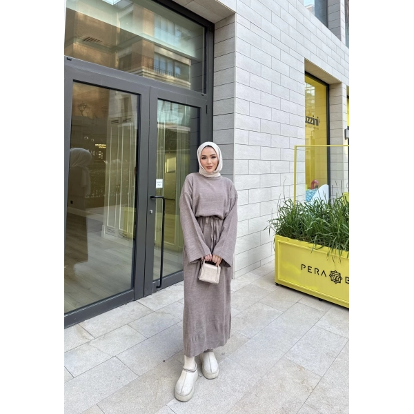 Balon Kol Triko Elbise - Sütlü Kahve