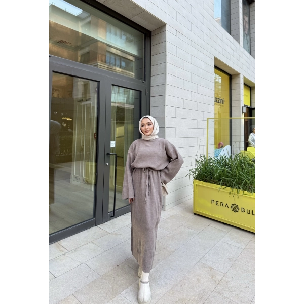 Balon Kol Triko Elbise - Sütlü Kahve