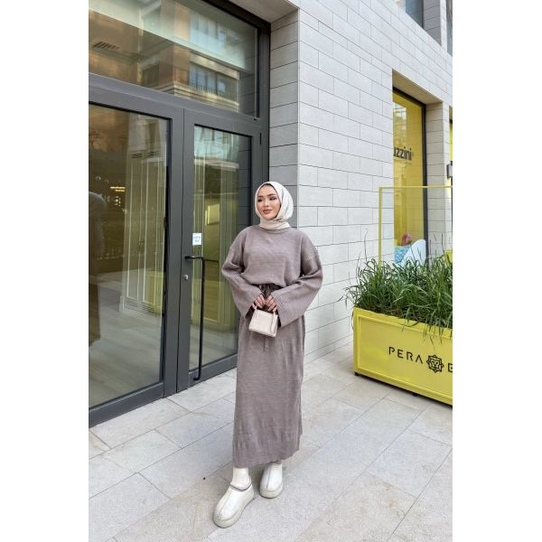 Balon Kol Triko Elbise - Sütlü Kahve