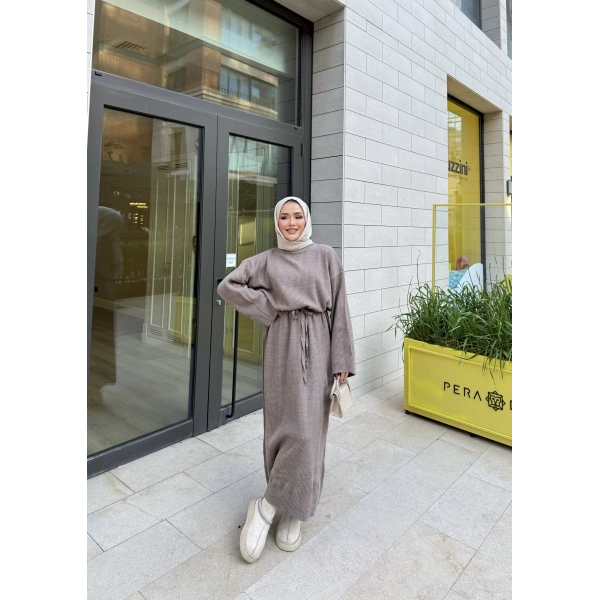 Balon Kol Triko Elbise - Sütlü Kahve