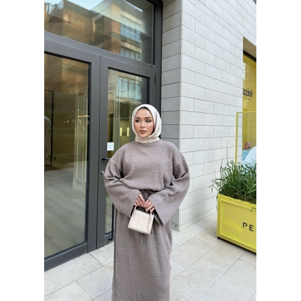 Balon Kol Triko Elbise - Sütlü Kahve