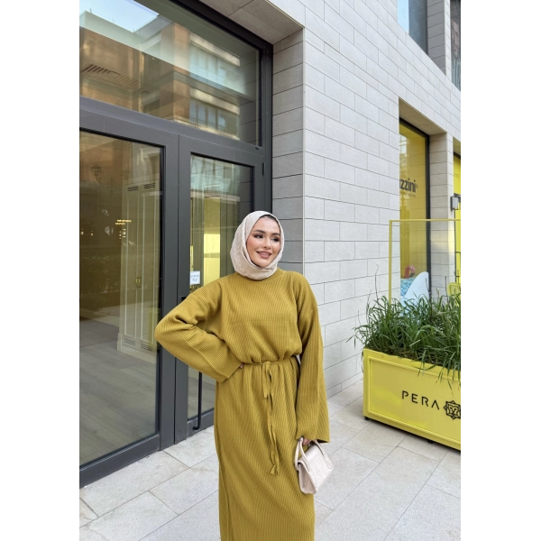 Balon Kol Triko Elbise - Yağ Yeşili