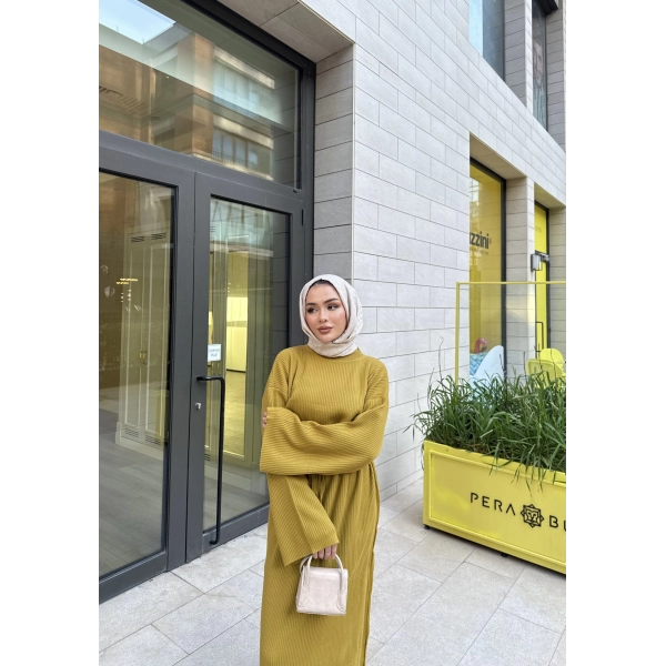 Balon Kol Triko Elbise - Yağ Yeşili