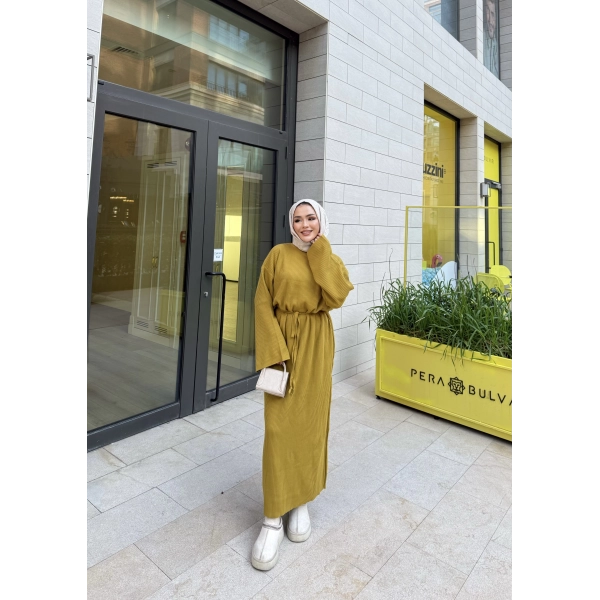 Balon Kol Triko Elbise - Yağ Yeşili