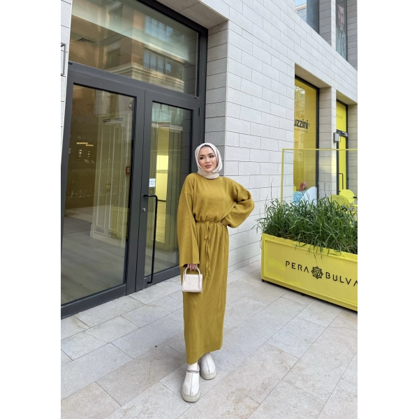 Balon Kol Triko Elbise - Yağ Yeşili