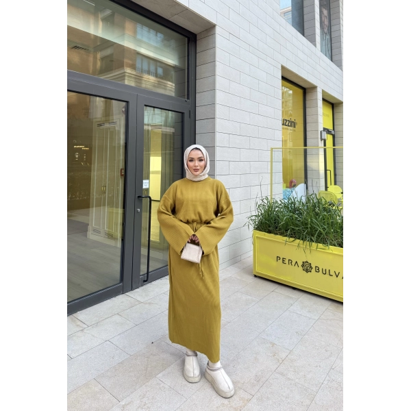 Balon Kol Triko Elbise - Yağ Yeşili