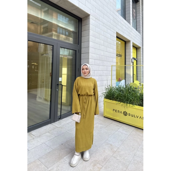 Balon Kol Triko Elbise - Yağ Yeşili