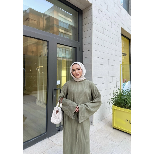 Balon Kol Triko Elbise - Yeşil