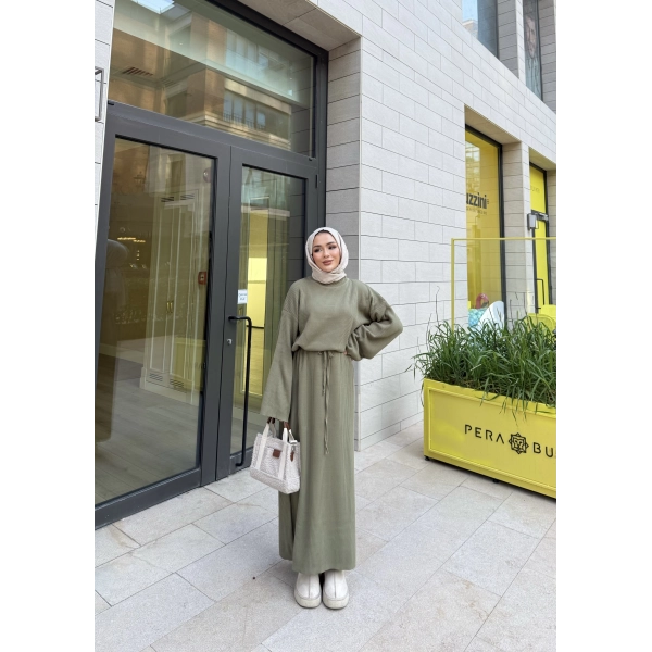 Balon Kol Triko Elbise - Yeşil