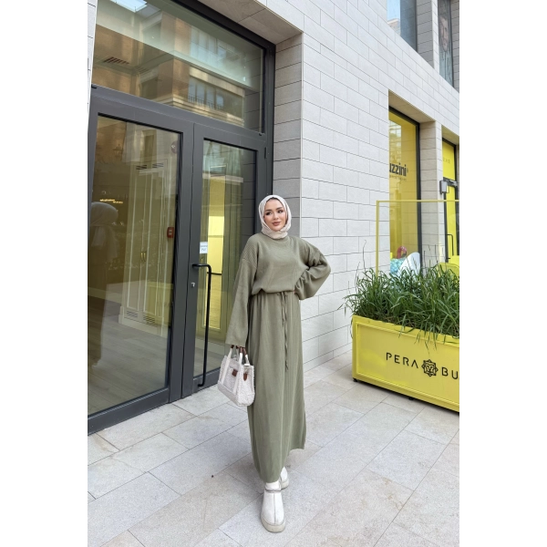 Balon Kol Triko Elbise - Yeşil