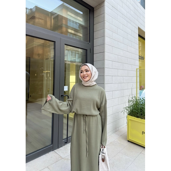 Balon Kol Triko Elbise - Yeşil