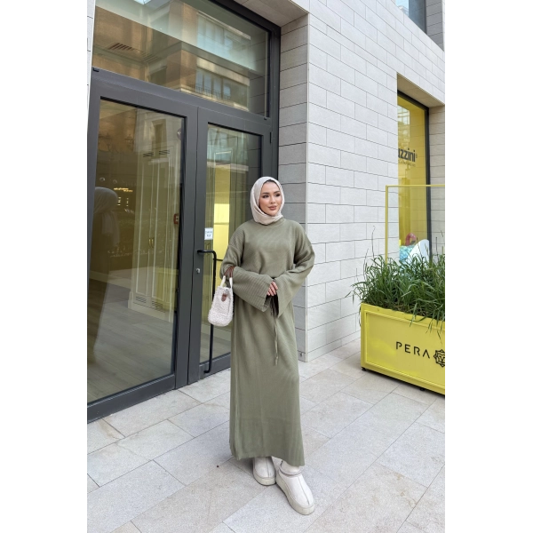 Balon Kol Triko Elbise - Yeşil