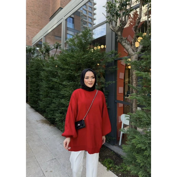 Balon Kol Triko Kazak - Kırmızı