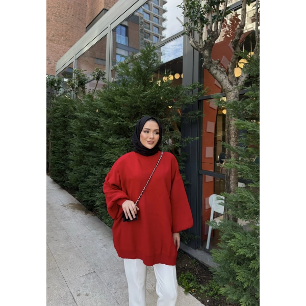 Balon Kol Triko Kazak - Kırmızı