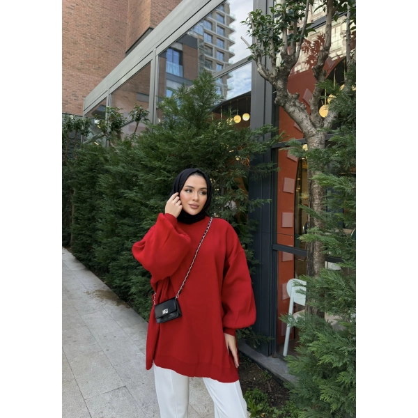 Balon Kol Triko Kazak - Kırmızı