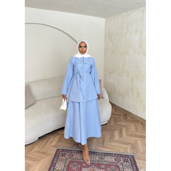 Belden Oturtmalı Etekli Takım - Mavi