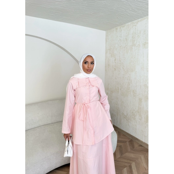 Belden Oturtmalı Etekli Takım - Pembe