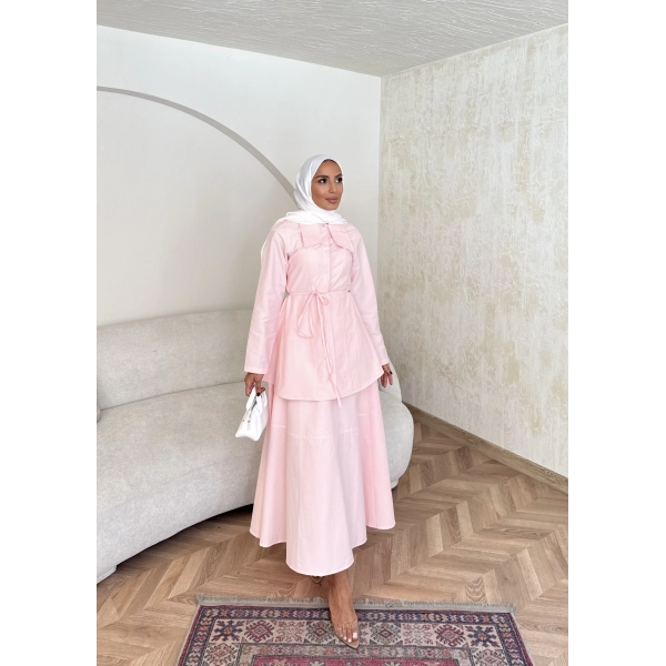 Belden Oturtmalı Etekli Takım - Pembe