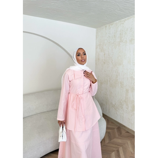 Belden Oturtmalı Etekli Takım - Pembe