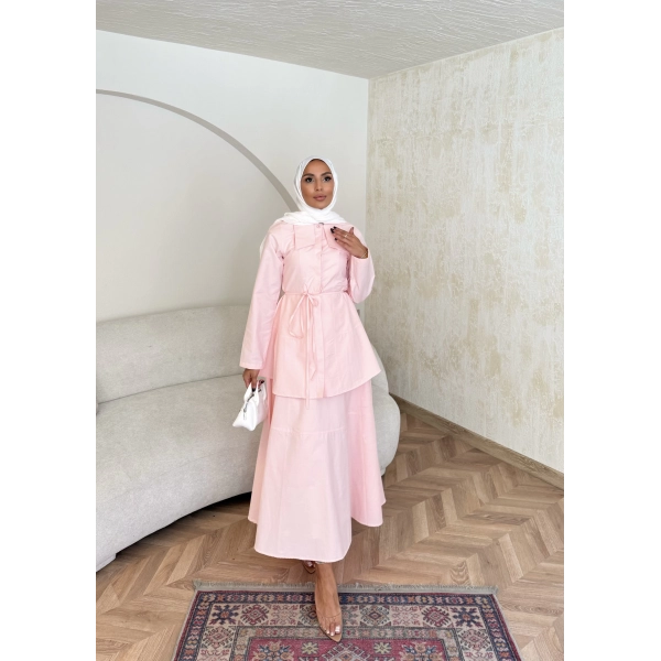 Belden Oturtmalı Etekli Takım - Pembe