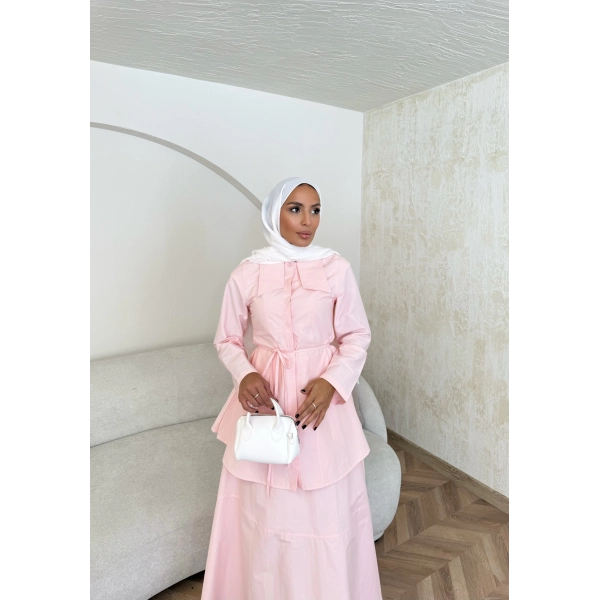 Belden Oturtmalı Etekli Takım - Pembe