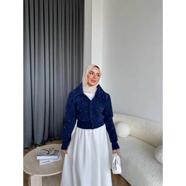 Boncuk Detaylı Mini Hırka - Lacivert