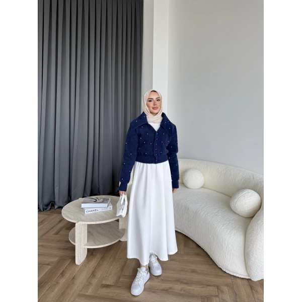 Boncuk Detaylı Mini Hırka - Lacivert